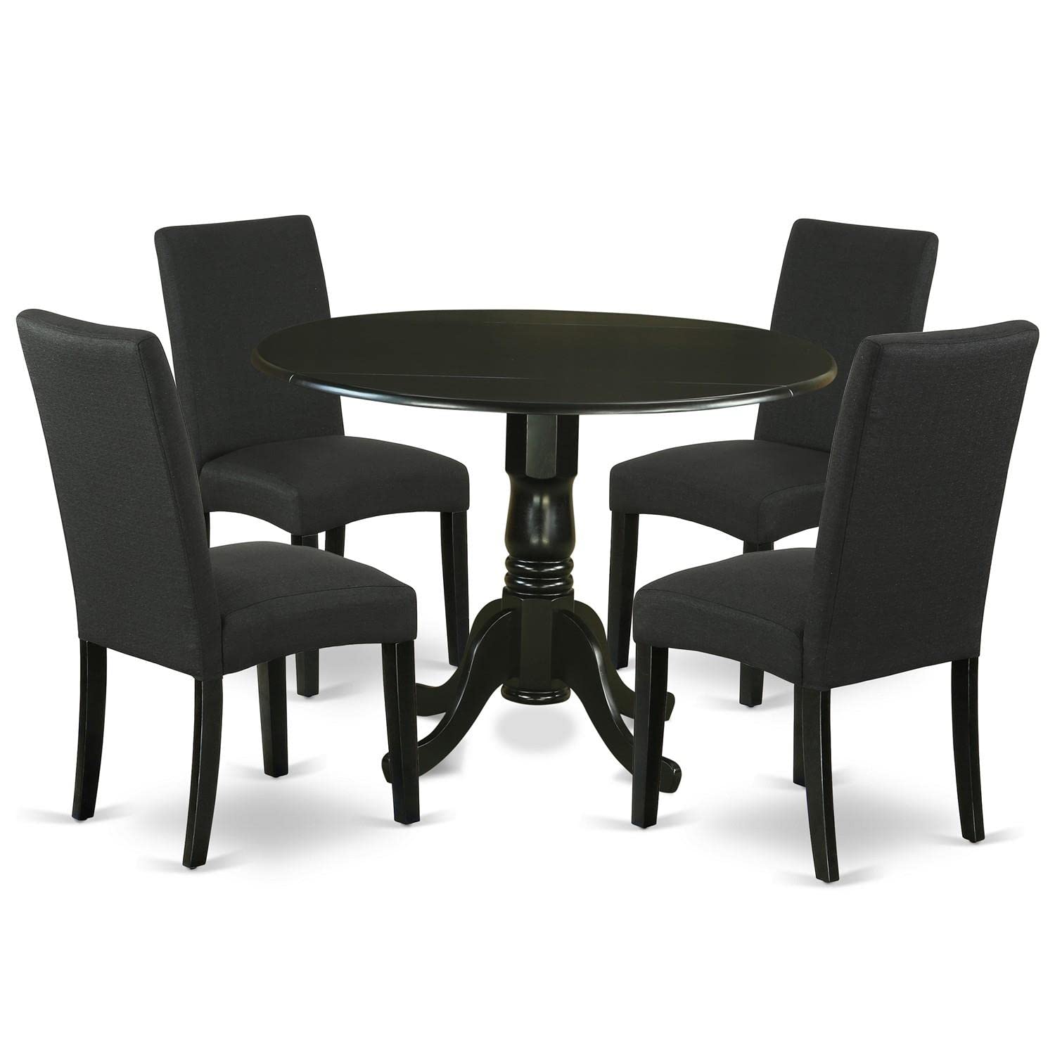 East West Furniture Dldr5-Blk-24 5 Piece Modern Dining Table Set Includes A Round Wooden Table With Dropleaf And 4 Black Color Linen Fabric Upholstered Chairs, 42X42 Inch, Black