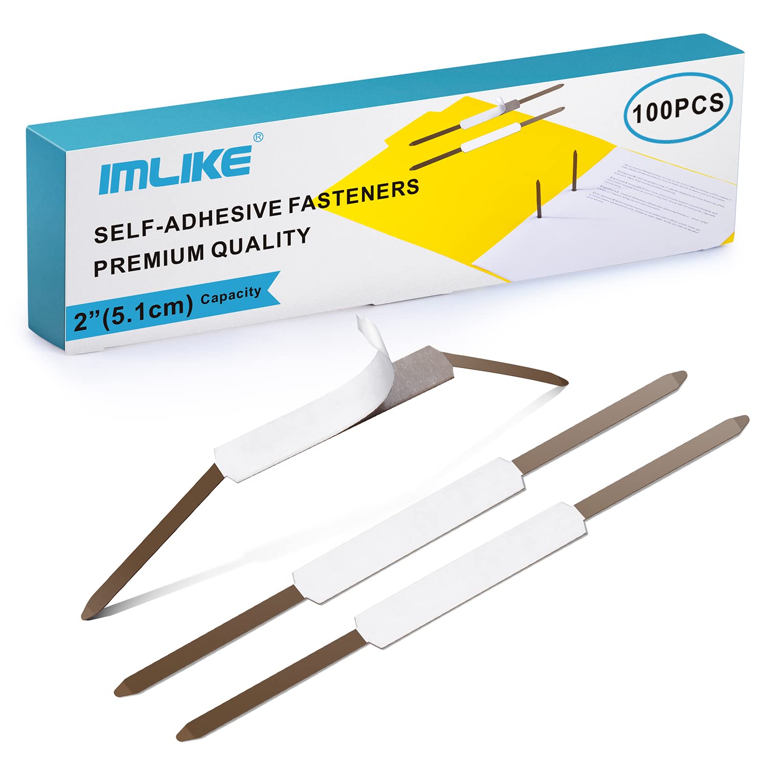Self-Adhesive Prong Paper Fasteners - Imlike 100 Pcs Metal File Fasteners, 2' Capacity, 2.75' Base For Paper Folder Or Files,