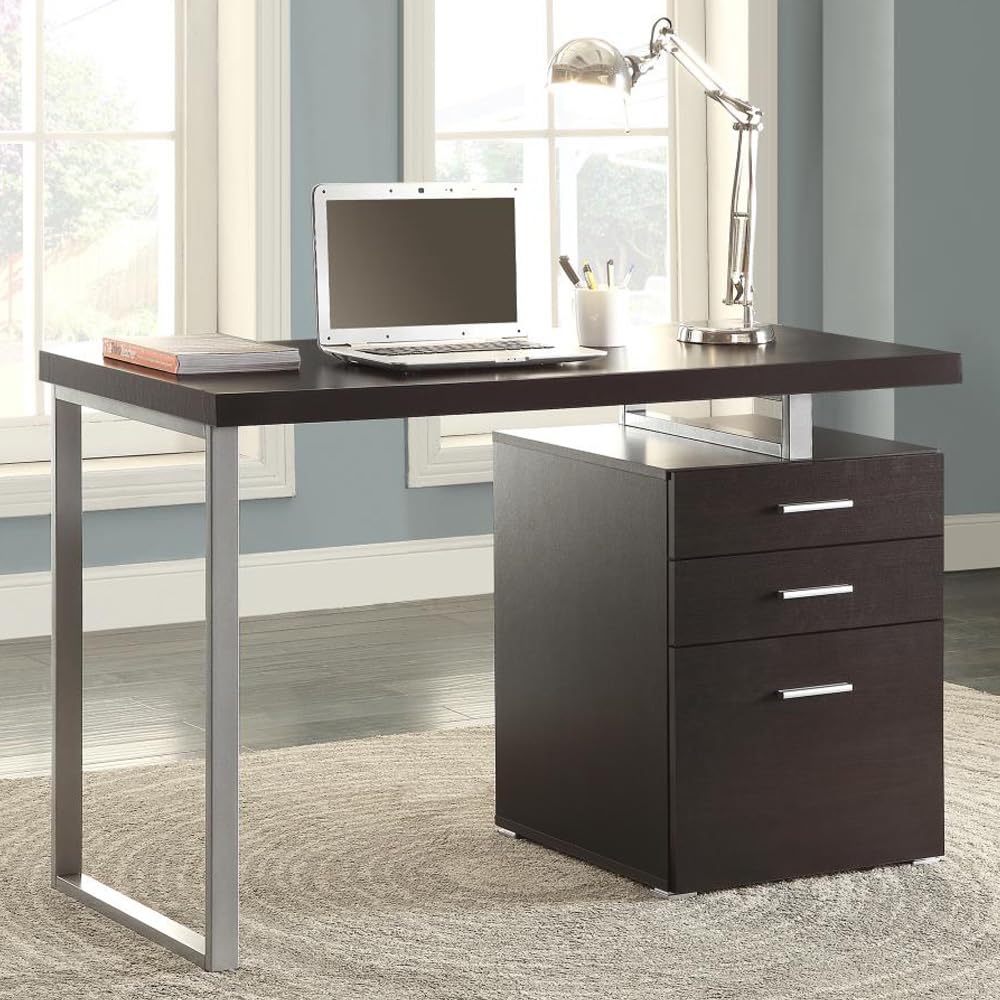 Coaster Home Furnishings Brennan Modern Contemporary Home Office 3-Drawer Writing Desk with Drawers Computer Desk Study Table File Cabinet Storage Silver Metal Frame Cappuccino Brown 800519