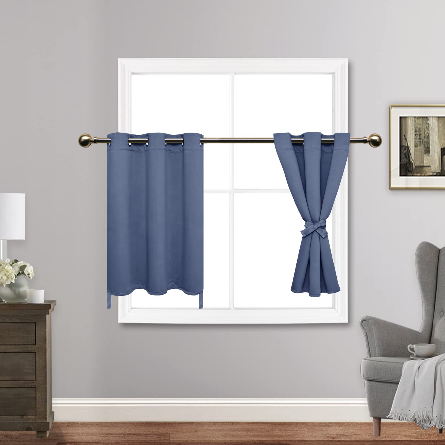 Jiuzhen Short Curtains Kitchen Half Window Blackout Curtains With Tiebacks For Baseroom Shadows, Grommet Curtains For Living Room, Set Of 2 Window Curtain Panels, 42 X 36 Inch Length,Dusty Blue