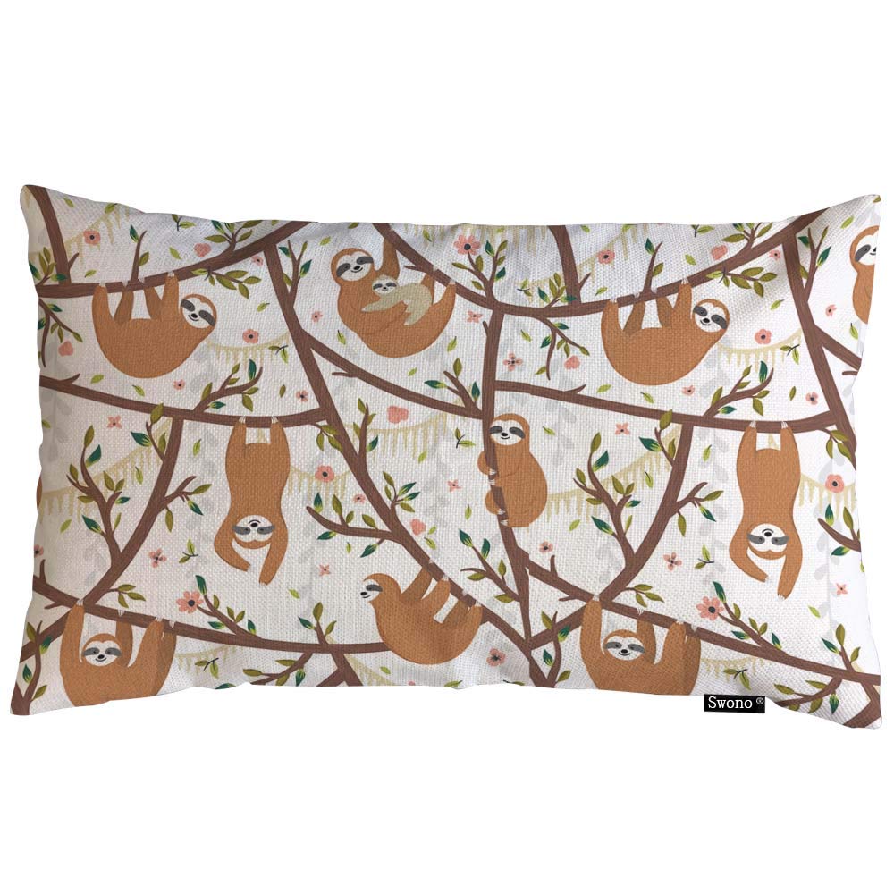Swono Sloth Throw Pillow Cover Funny Sloths Hanging On The Tree Includes Mother With Baby Cotton Linen Decorative Rectangular Pi