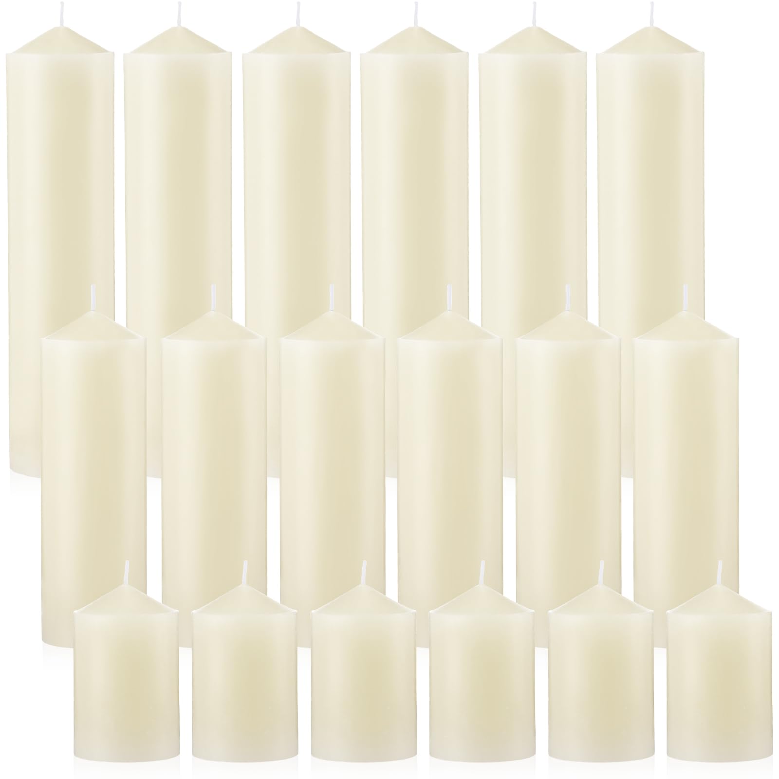 MTLEE 18 Pcs Set of 3 Pillar Candles Ivory Pillar Candle Bulk 2 in x 3, 6, 8 Long Burning Candles Clean Unscented Smokeless Pill