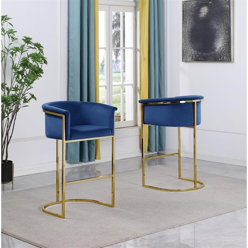 Best Quality Furniture Bar Stools (Single) Navy Blue Velvet with Gold Iron Frame