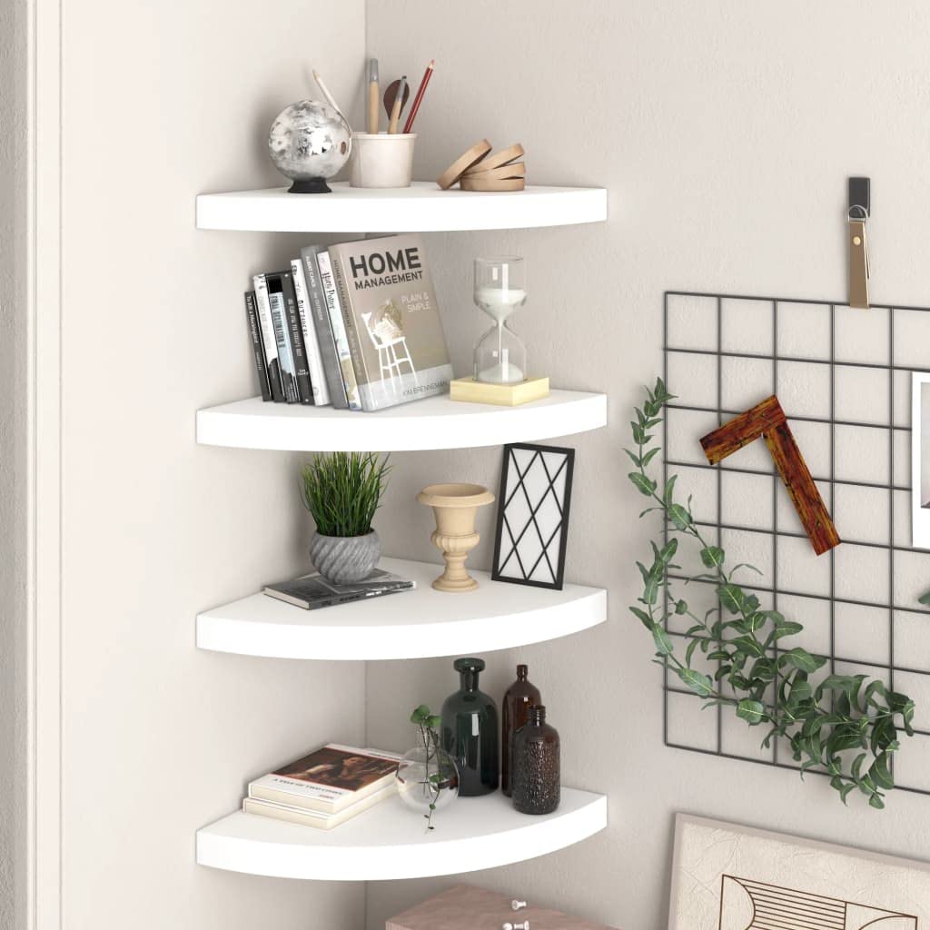 vidaXL 4 pcs Floating Corner Shelves in White Measuring 13.8&quot;x13.8&quot;x1.5&quot;, Durable MDF and Metal Shelf for Books and Decorative Display, Easy Installation with Invisible Mounting System