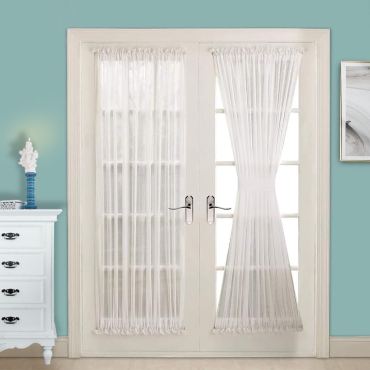 Warm Home Designs Sheer Ivory White FauxLinen Short Size Curtain Panel with Beige Embroidery for Bedroom, Kitchen, Kids or Livi