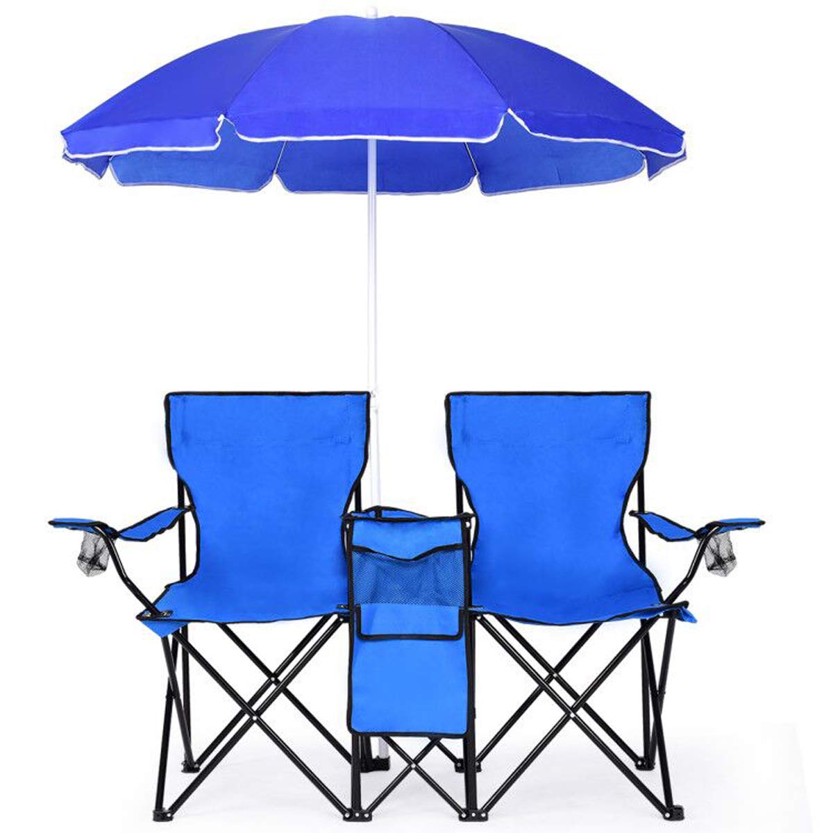 Goplus Double Folding Picnic Chairs W/Umbrella Mini Table Beverage Holder Carrying Bag For Beach Patio Pool Park Outdoor Portabl
