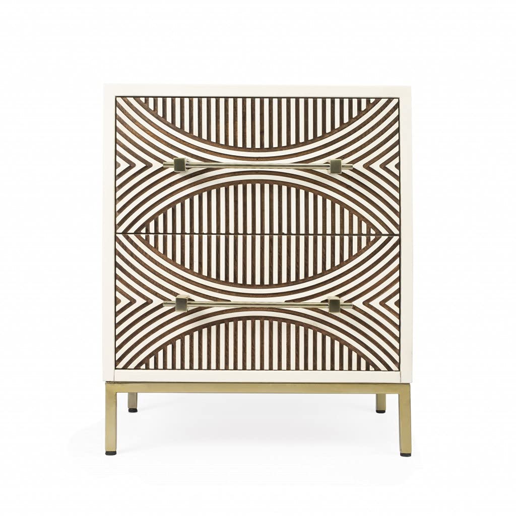 HomeRoots White Mango Wood Solids, MDF, Steel Mango Wood 2 Drawers Chest