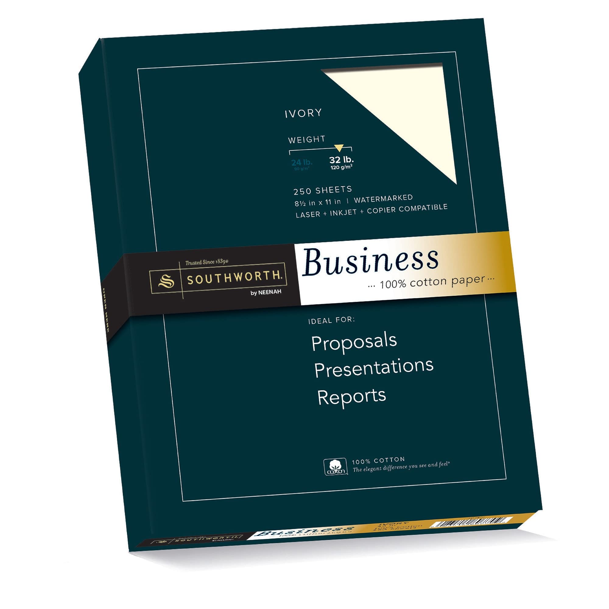 Southworth 100% Cotton Business Paper, 8 1/2' X 11', 32 Lb, Ivory, Box Of 250