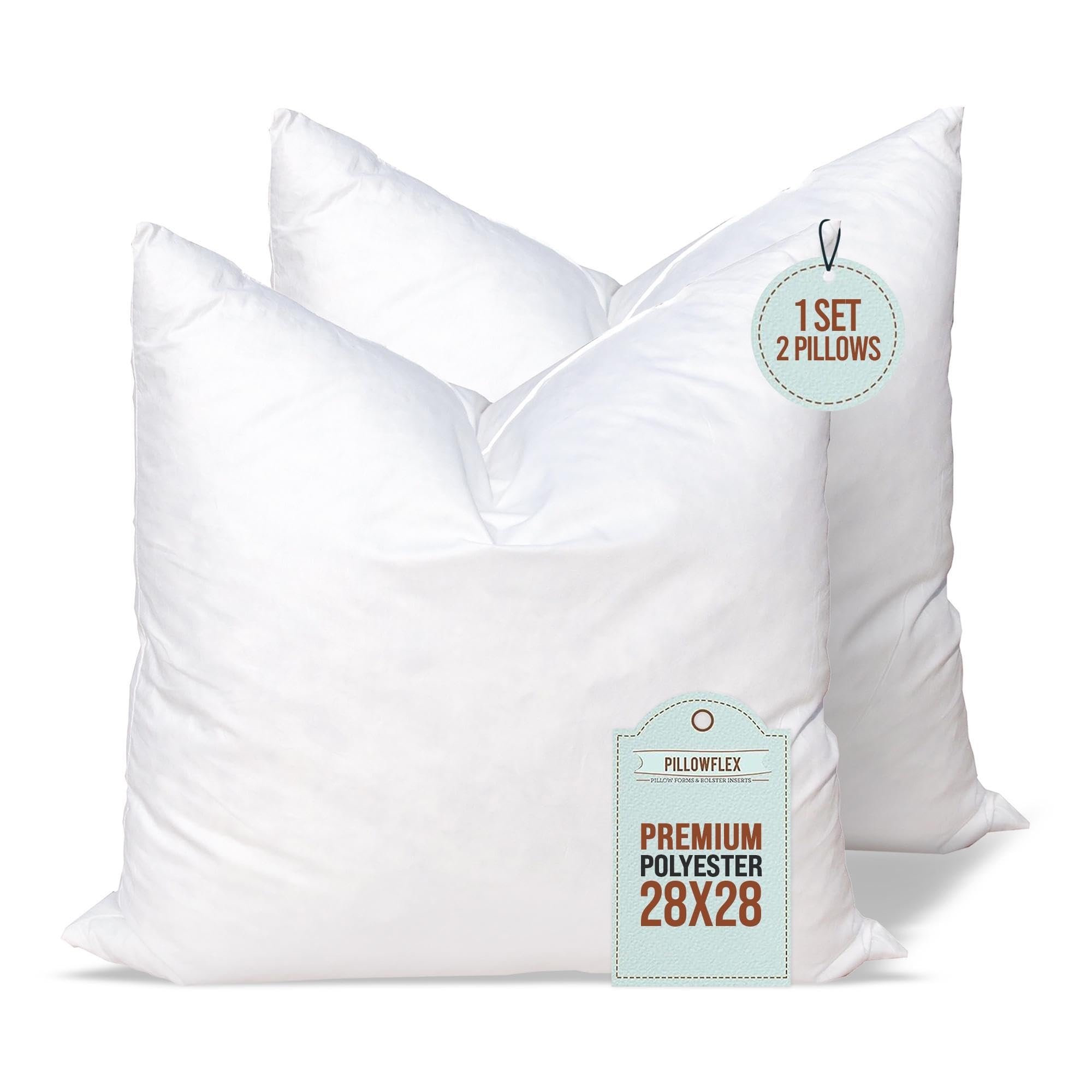 Pillowflex Set of 2 (28x28) Premium Polyester Pillow Inserts - European Square Pillow Forms, Machine Washable, Sham Pillow Inser