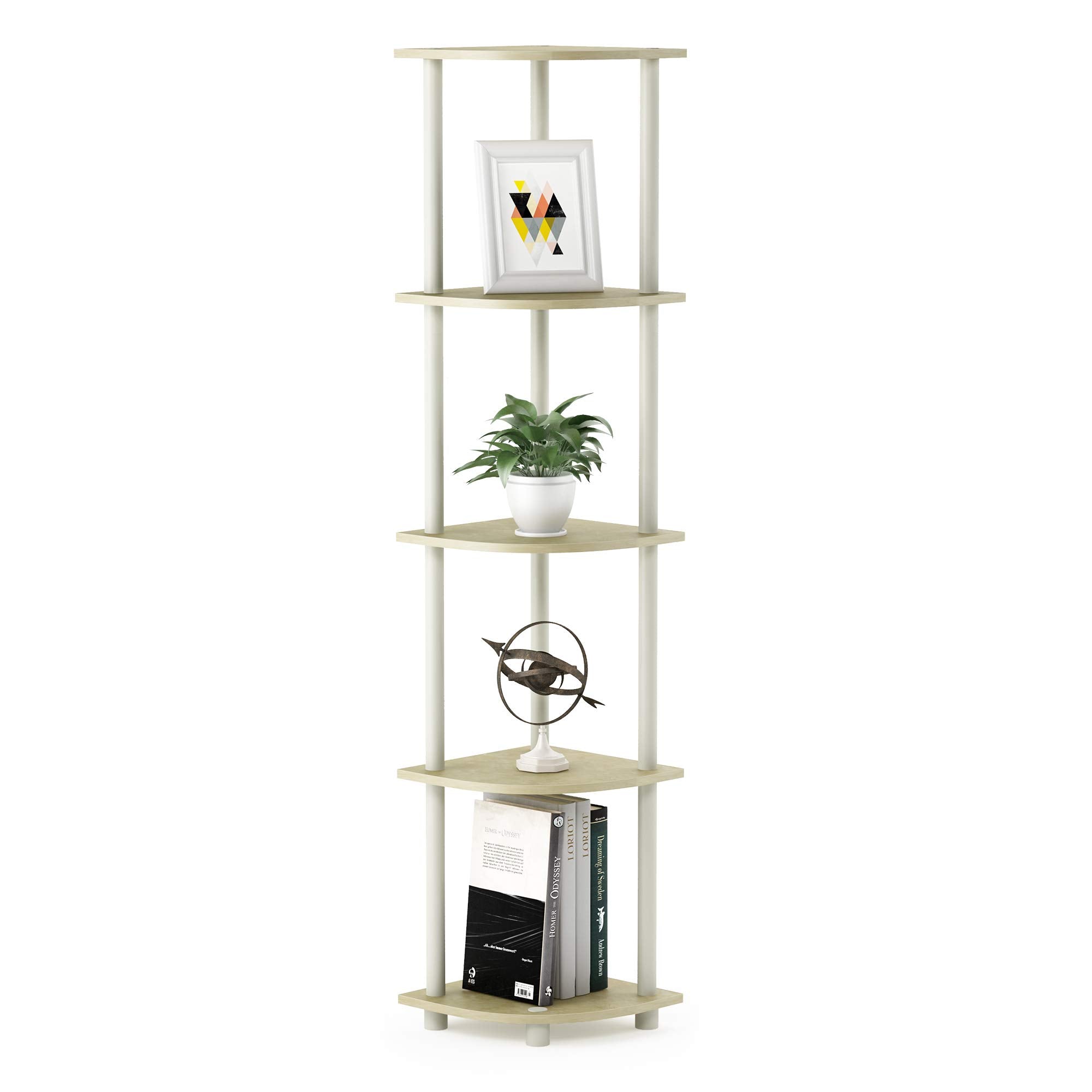 Furinno Turn-N-Tube 5 Tier Corner Display Rack Multipurpose Shelving Unit, 1-Pack, Cream Faux Marble/White