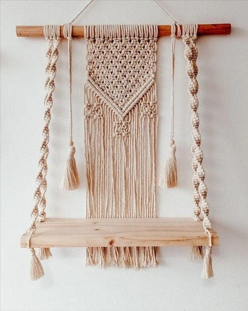 Aain Macram Wall Hanging Shelf Pine Wood Floating Shelve With Wooden Wood Floating Shelve With Wooden Dowel Modern Chic Woven DC