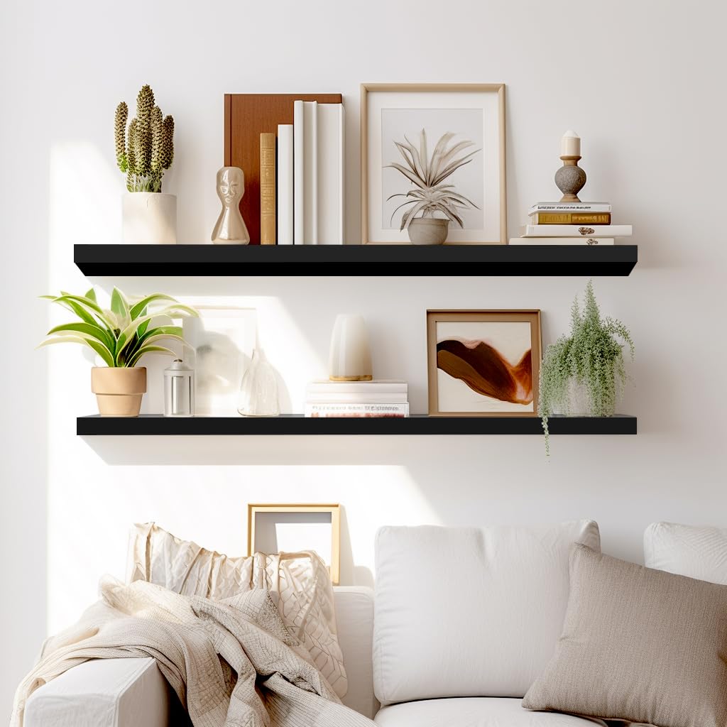 Lavie Home Floating Shelves, 36 Inch Wall Shelf Set Of 2, Hanging Shelf With Invisible Brackets, Wall Decor For Bathroom, Bedroom, Living Room, Kitchen Storage, Classic Black