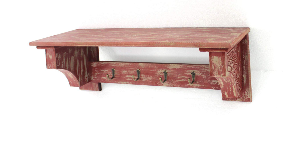 HomeRoots 8&quot; x 30&quot; x 9.75&quot; Red, Vintage Wooden, 4 Metal Hooks - Wall Shelf