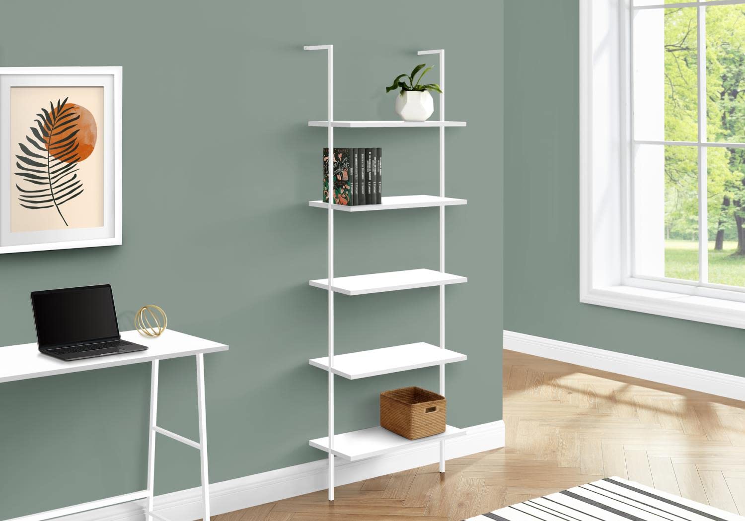 Monarch Specialties I 3687 Bookshelf, Bookcase, Etagere, Ladder, 5 Tier, 72' H, Office, Bedroom, Metal, Laminate, White, Contemporary, Modern