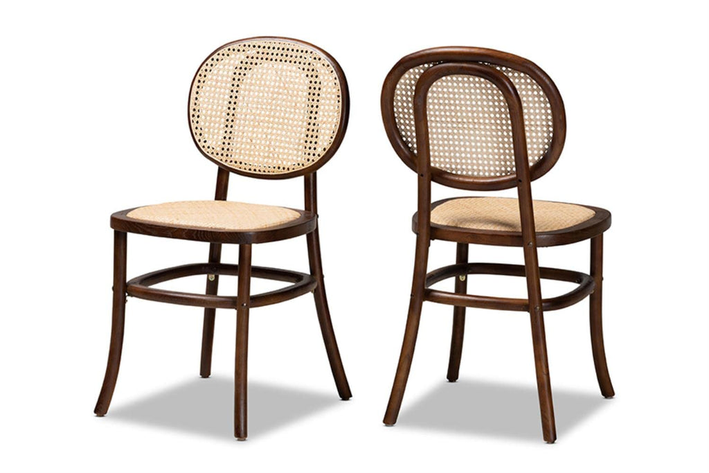 Baxton Studio Garold Mid-Century Modern Brown Woven Rattan and Walnut Brown Wood 2-Piece Cane Dining Chair Set
