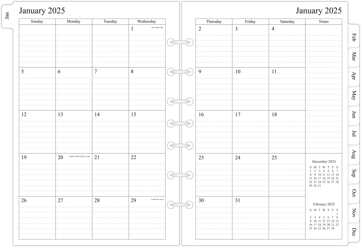 Newestor 2024-2025 Monthly Planner Refills 5-1/2' X 8-1/2' For 3-Ring Or 7-Ring Mini Binders, 17 Months From Aug 2024 To Dec 2