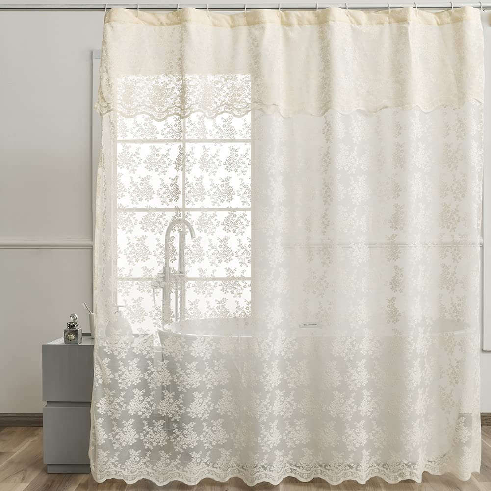 Yj Yanjun Ivory Lace Shower Curtain - Shabby Chic Flower Shower Curtain With Attached Valance, Luxury Lace Shower Curtain For Ba