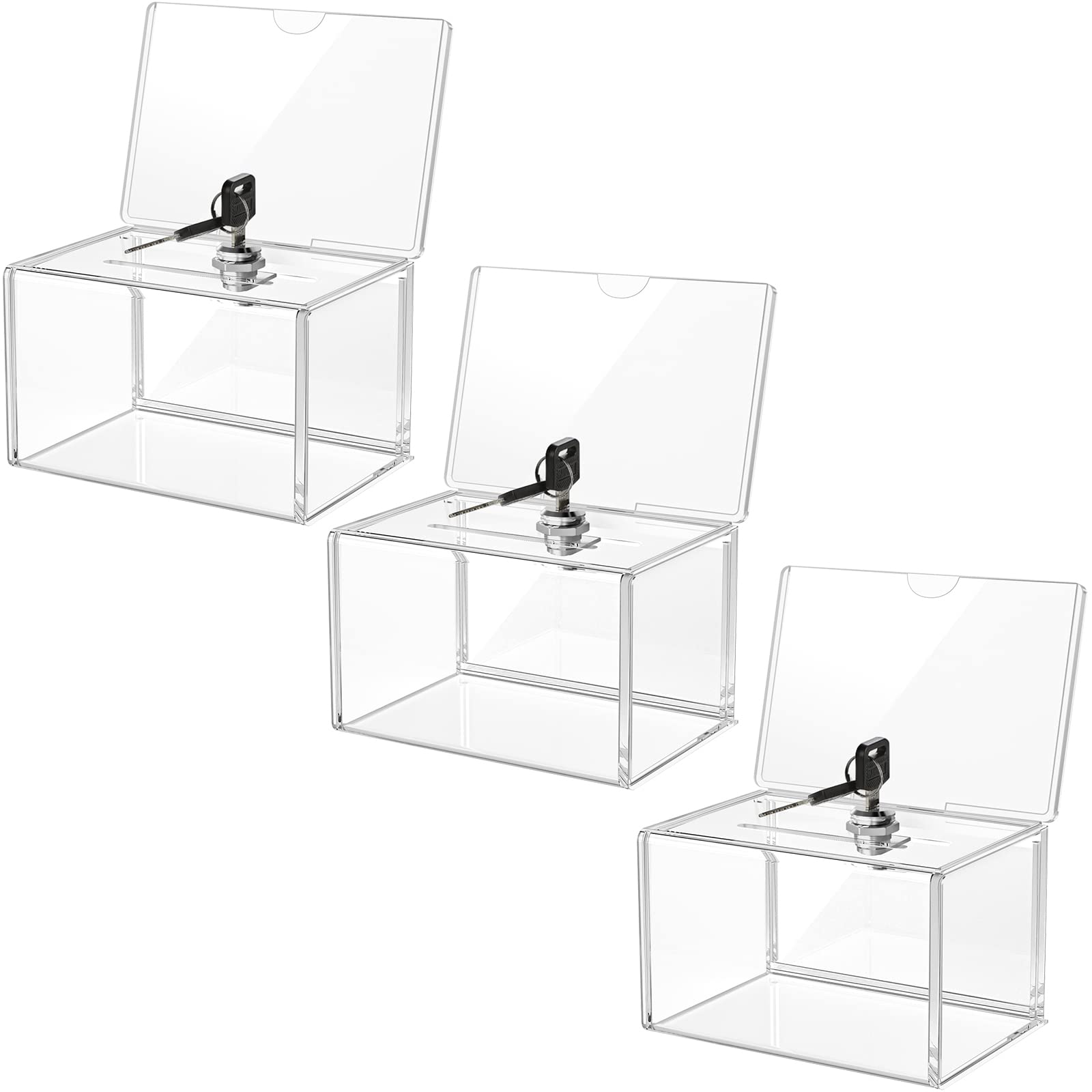 Maxgear Acrylic Donation Box With Lock 3 Pack, Large Ballot Box With Sign Holder, Clear Storage Container For Voting, Charity, B