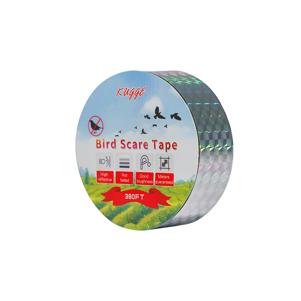Kugge Bird Flash Tape (1In,360Ft), Double Side Reflective Ribbon, Protect Your House, Garden, Orchard