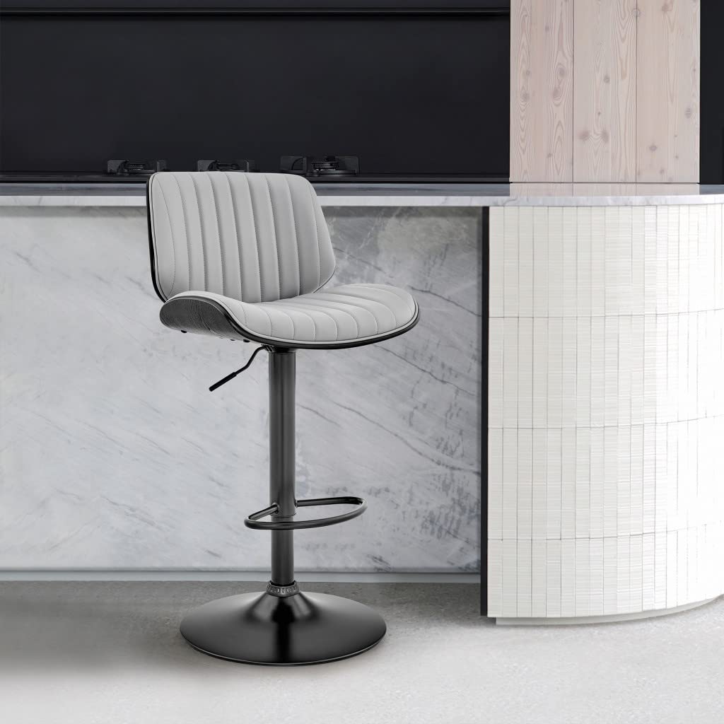 HomeRoots Metal/Plywood/Faux Leather Adjustable Gray Faux Leather Black Steel and Wood Bar Stool