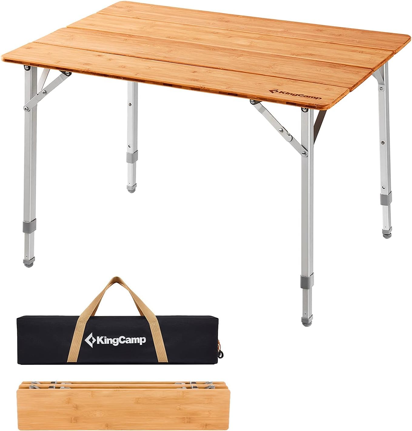 KingCamp Bamboo Folding Table Environmental Camping Table with Adjustable Height Aluminum Legs Heavy Duty 4-Folds Portable Camp 