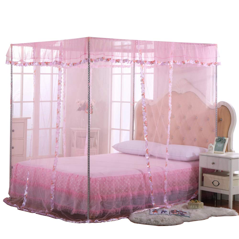 Jqwupup Pink Canopy Netting For Bed - 4 Corner Canopy For Beds, Canopy Bed Curtains, Bed Canopy For Girls Adults, Bedroom Decor