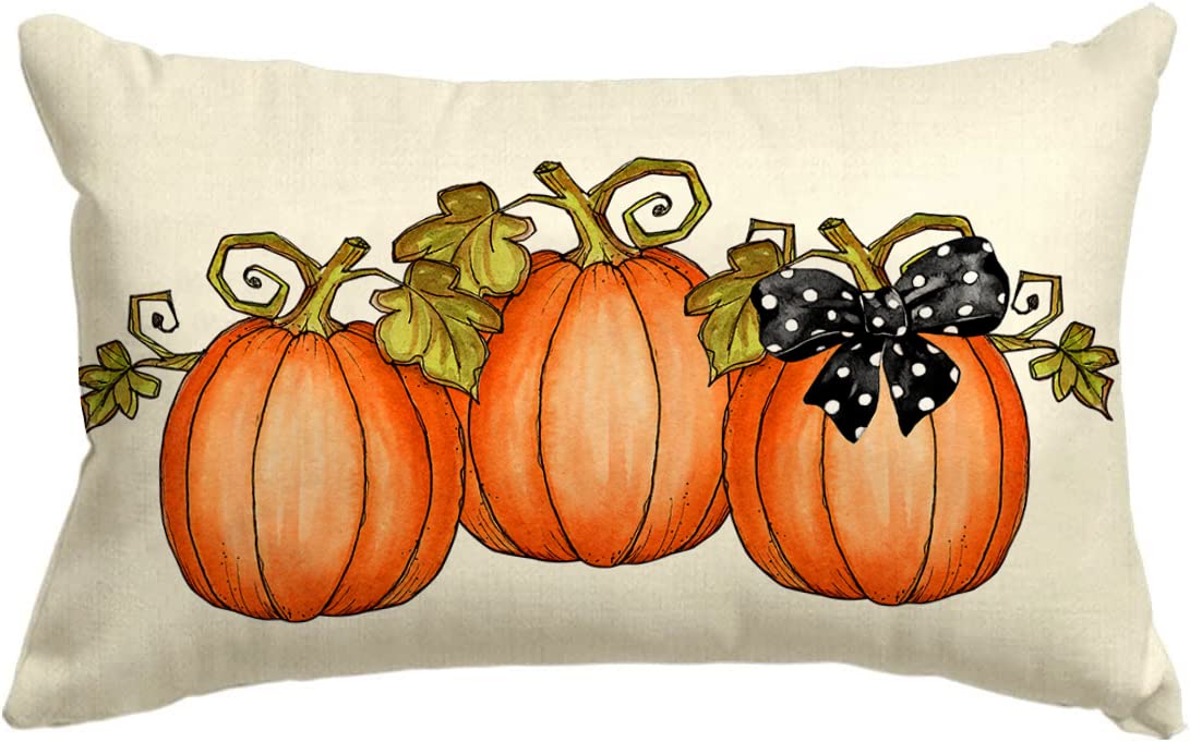Fall Watercolor Pumpkin Throw Pillow Covers 12X20 Inch Polka Dots Bow Lumbar Throw Pillow Cover For Autumn Farmhouse Thanksgivin