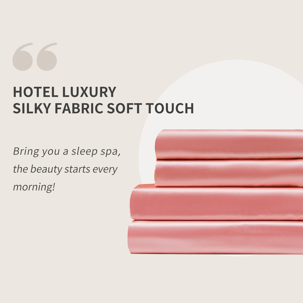 Candoury Satin Sheets Bed Set 4 Pcs, King Size Silky Bedding Set, Soft And Durable Pillowcase, Flat Sheet And Fitted Sheet, Hotel Luxury Bed Sheets Set(King, Blush)