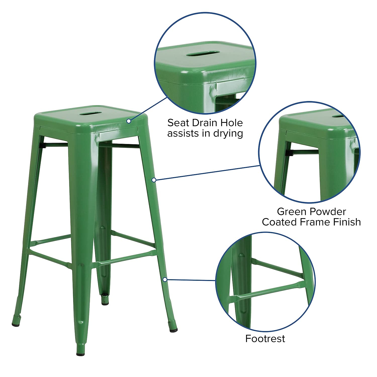 30 Inch Ht Backless Green Metal Indoor/Outdoor Barstool, Square Seat