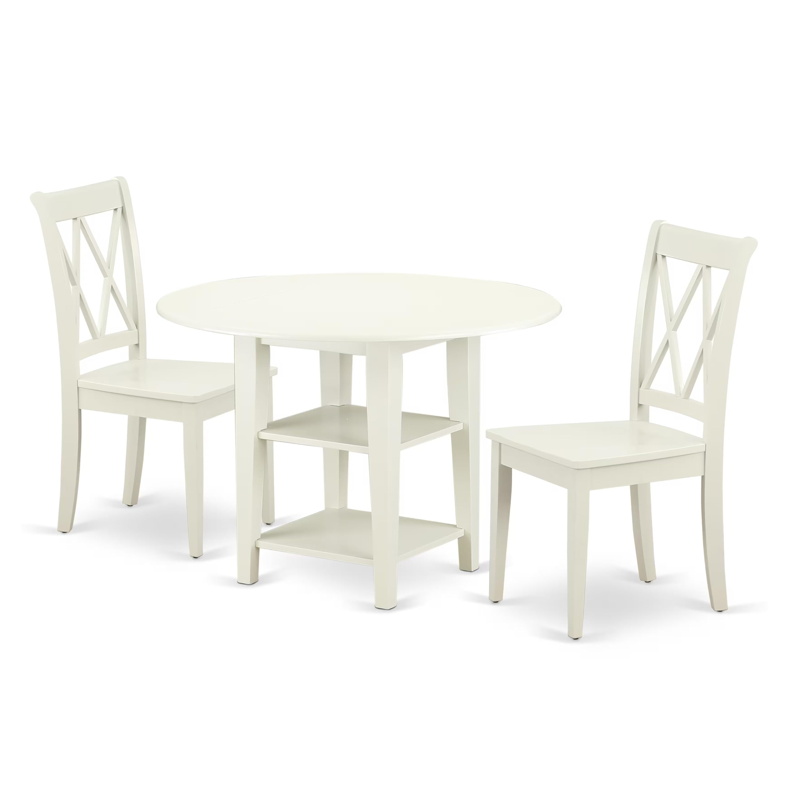East West Furniture Sucl3-Lwh-W 3 Piece Dining Room Furniture Set Contains A Round Kitchen Table With Dropleaf & Shelves And 2 Dining Chairs, 42X42 Inch, Linen White