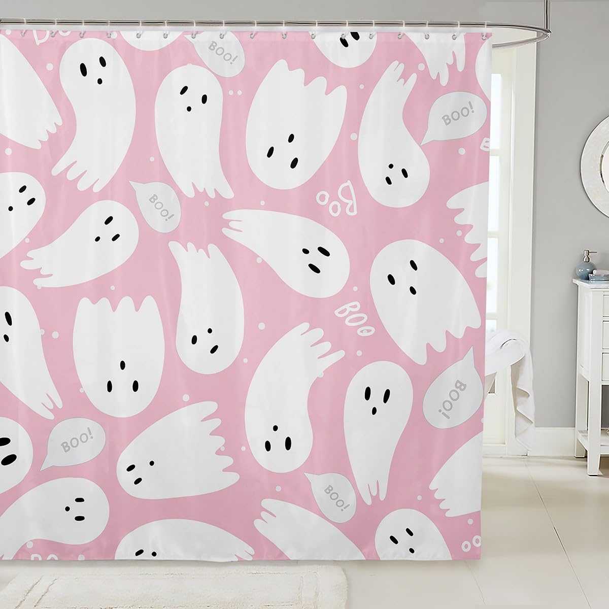 Feelyou Pink Halloween Bath Curtain 72'x84' Cartoon Pink Ghost Shower Curtain for Kids Kawaii Cute Bathroom Shower Curtain Set