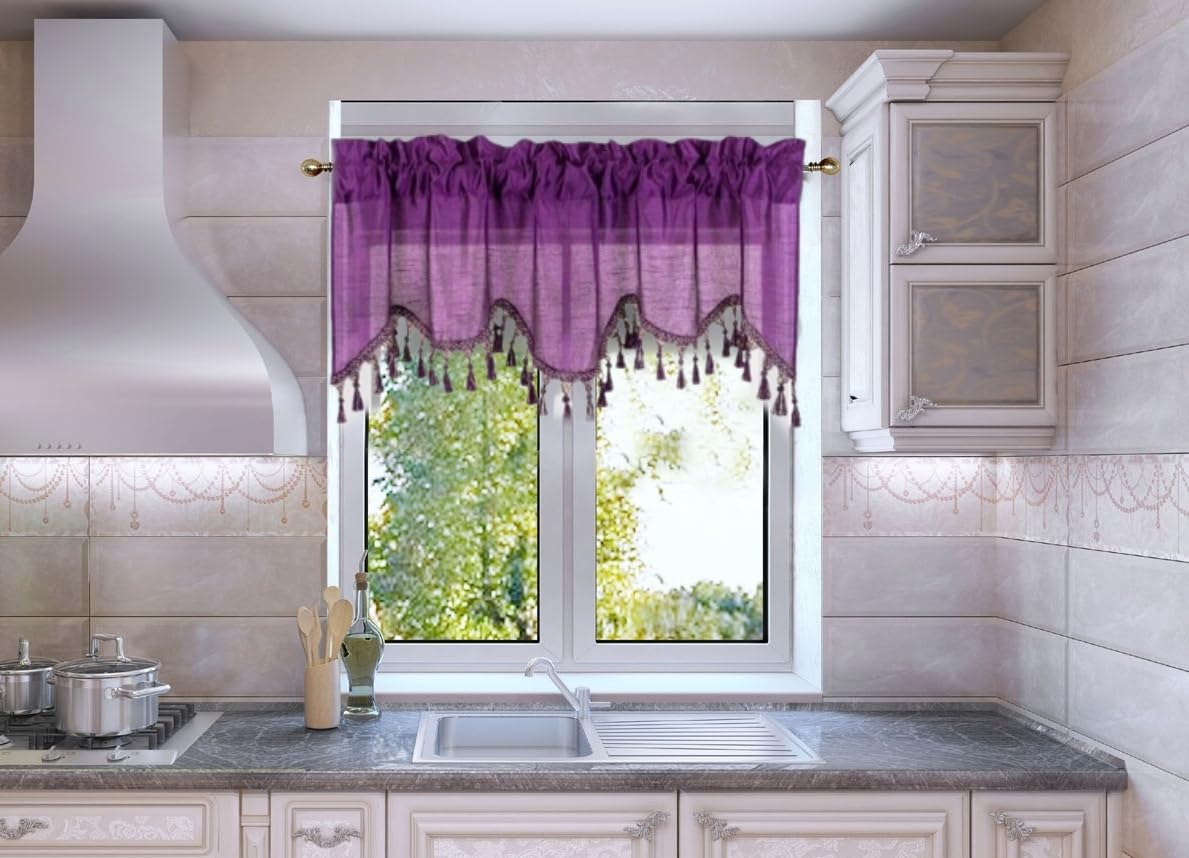 Solid Faux Silk Swag Waterfall Cascade Ascot Window Curtain Valance W/Tassels Trim 55' X18' Wave (1, Purple)