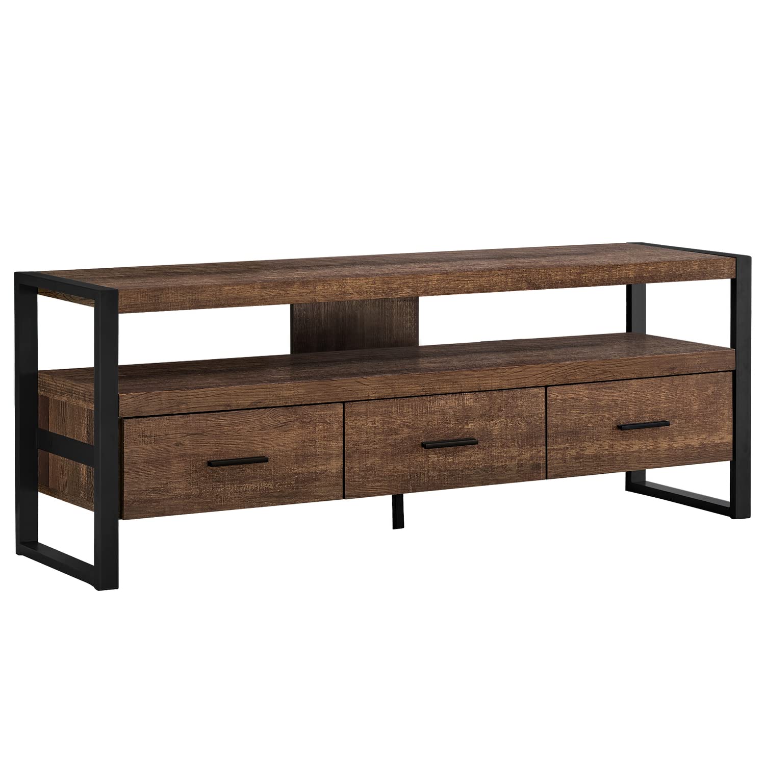 Monarch Specialties TV Stand-Console with 3 Drawers and Shelves-Industrial Modern Style Entertainment Center with Metal Legs, 60' L, Brown Reclaimed Wood Look