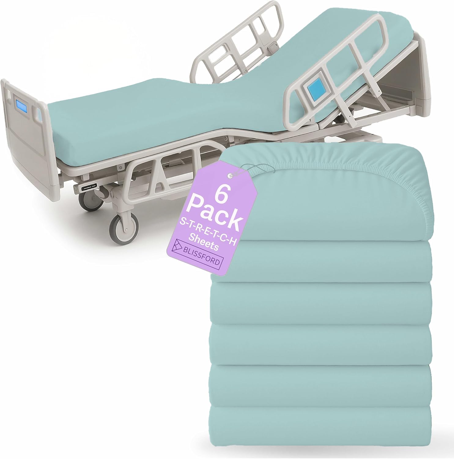 BLISSFORD  6 Pack Fitted Hospital Bed Sheets with Elastic All Around for a Perfect Fit  Cotton Rich Soft Knitted Jersey Sheet,