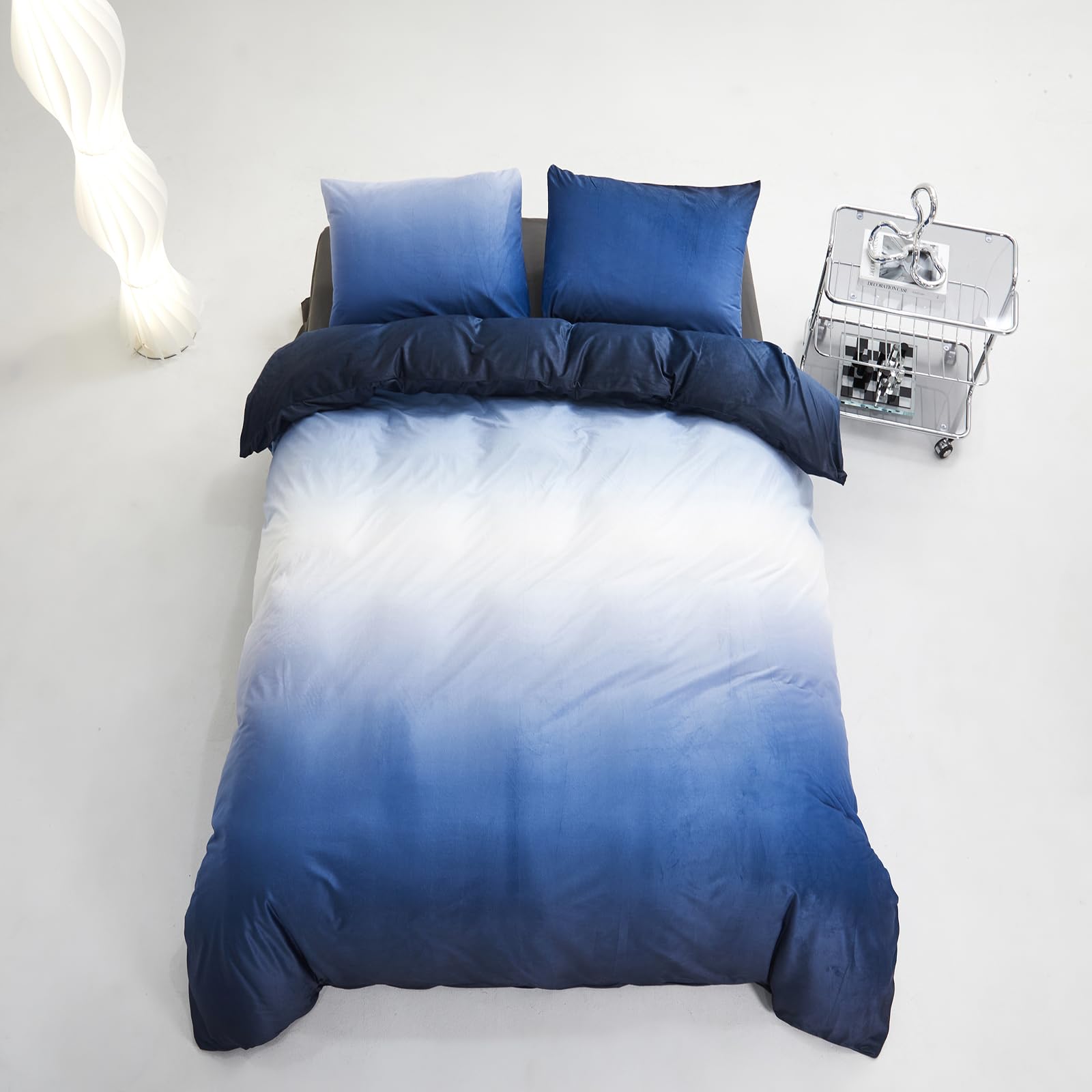 Karever Blue White Gradient Comforter Set Cal King Blue Velvet Bedding Comforter Modern Plain White And Royal Blue Gradient Soft