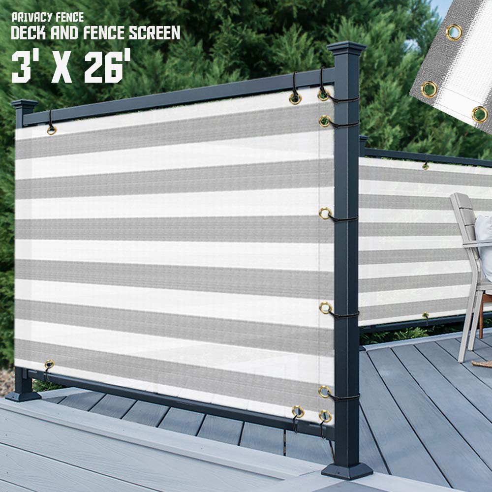 Tang 3' X 26' Gray White Stripe Balcony Privacy Screen Fence 200Gsm Deck Fence Outdoor Privacy Cover Weather Resistant For Patio
