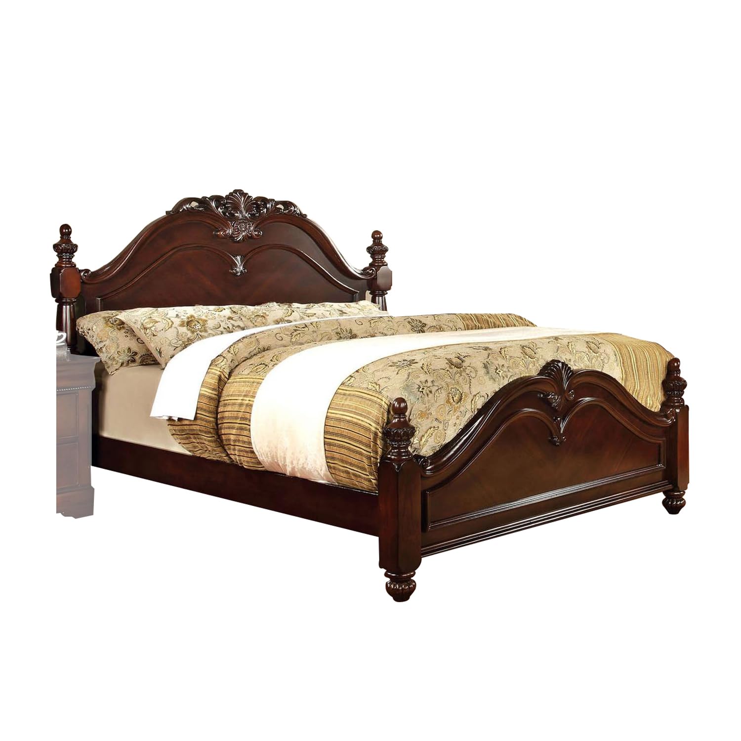 Benjara Traditional Style Eastern King Wooden Bed with Floral Carving, Brown