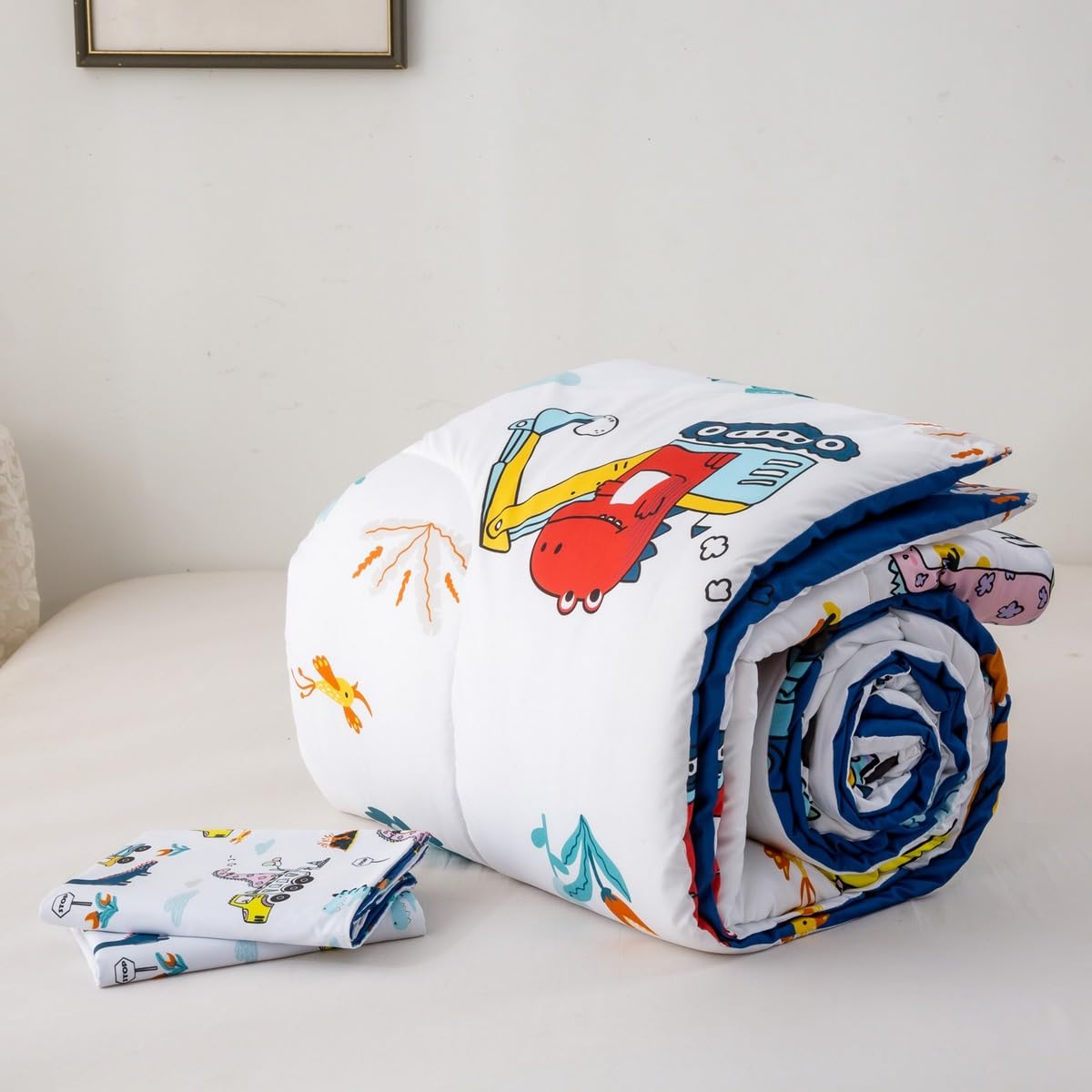 Cartoon Dino Excavator Comforter Set Toddler Size, Cartoon Car Dinosaur Construction Comforter Set Kids Toddler Construction Veh