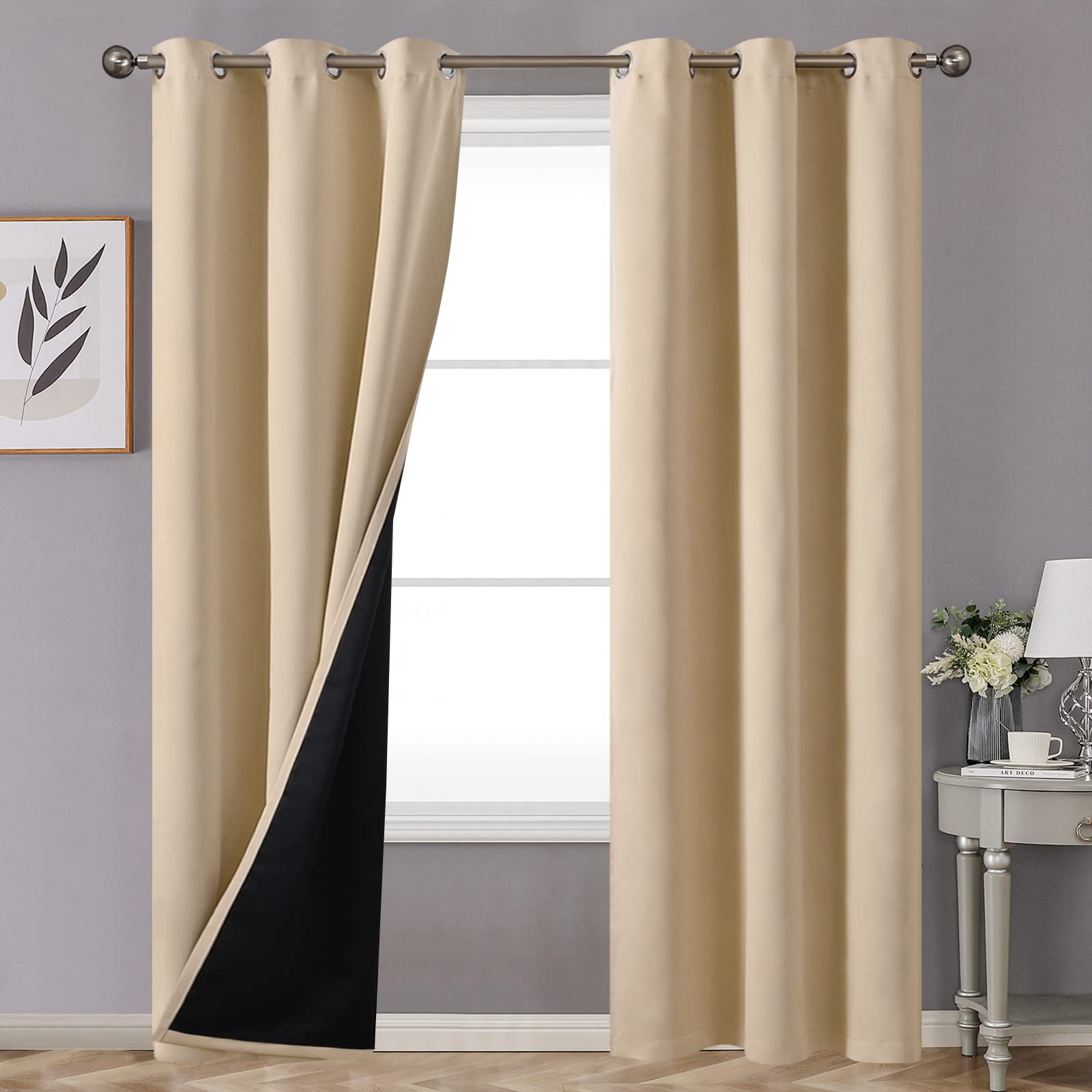 YoungsTex Beige 100% Blackout Curtains 84 Inches Length for Bedroom, Double Layer Grommet Thermal Insulated Full Room Darkening 