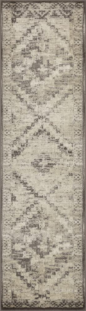 HomeRoots Grey Heat-Set Polypropelene 2’ x 8’ Gray Beige Distressed Diamond Runner Rug