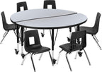 Flash Furniture Mobile 47.5" Circle Wave Collaborative Laminate Activity Table Set With 14" Student Stack Chairs, Grey/Black