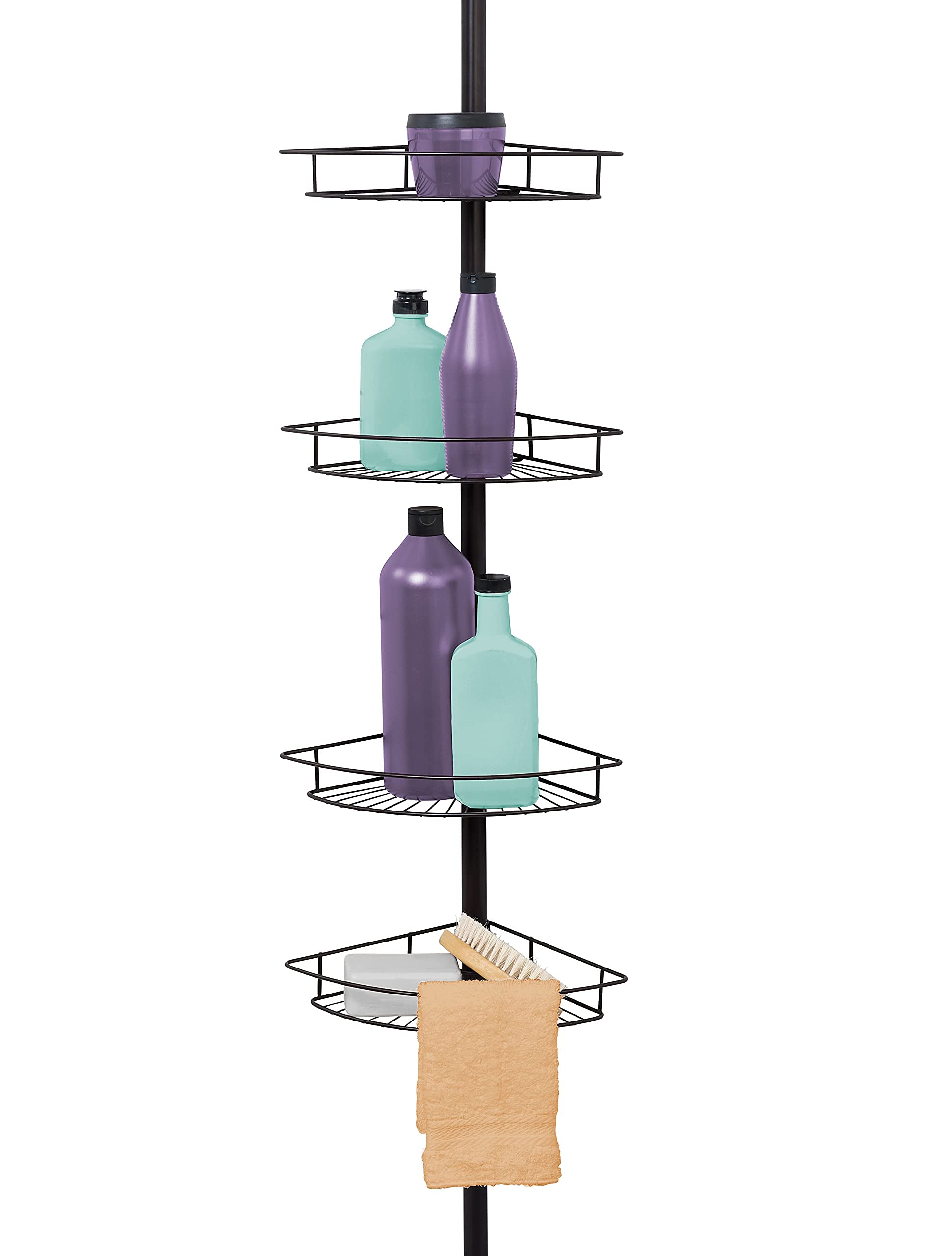 Zenna Home Rust-Resistant Corner Shower Caddy for Bathroom, 4 Adjustable Shelves and Towel Bar, with Tension Pole, for Bath and 