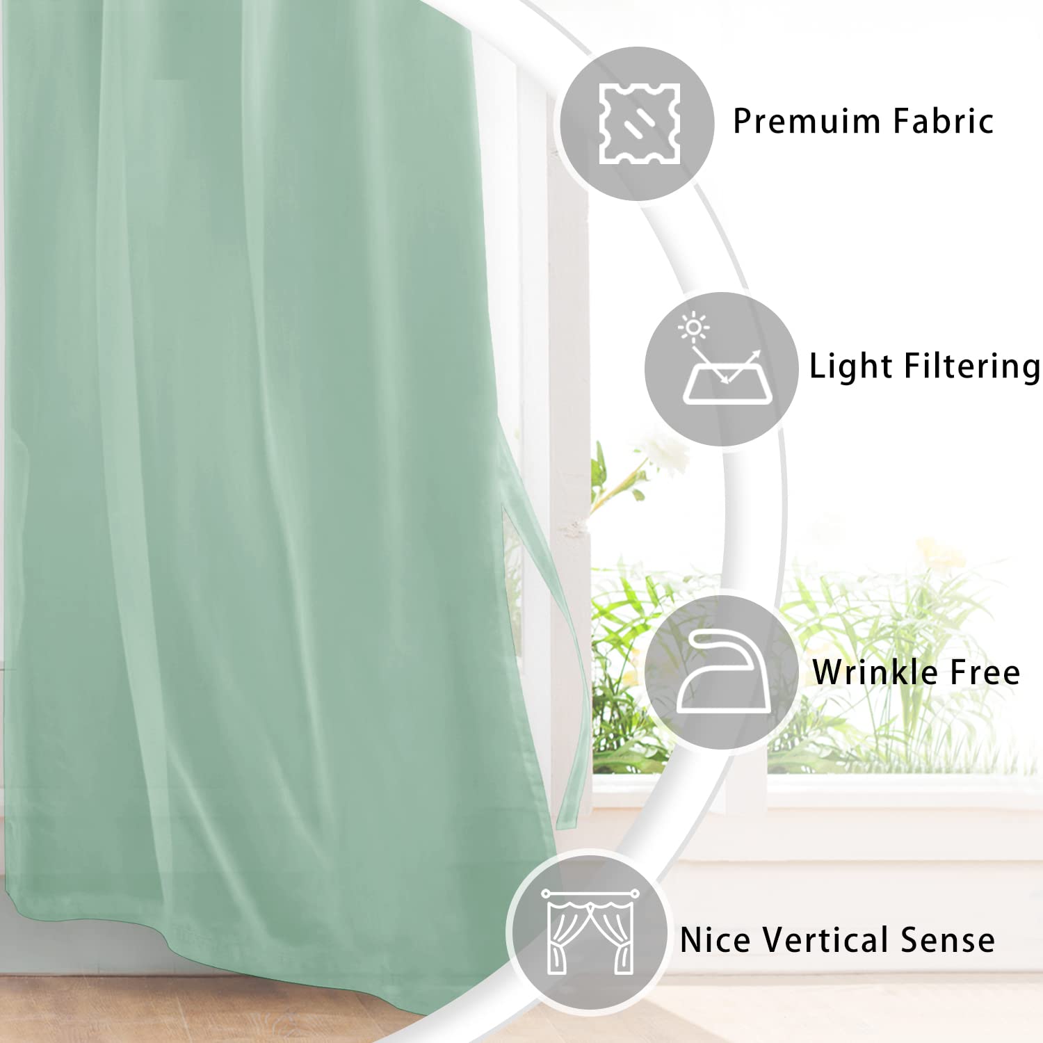 Hiasan Sheer Curtains For Bedroom With Tiebacks, Lightweight Airy Voile Drapes Light Filtering Grommet Window Curtains For Living Room, Nursery, Farmhouse, W52 X L63, Bean Green, 2 Soft Panels