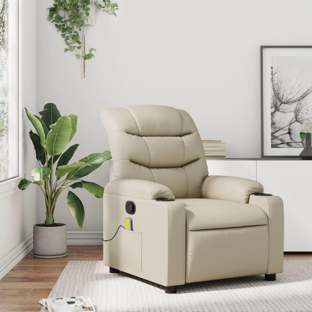 vidaXL Cream Faux Leather Manual Massage Recliner Chair - Armchair with Cup Holders for Living Room, Bedroom, Office