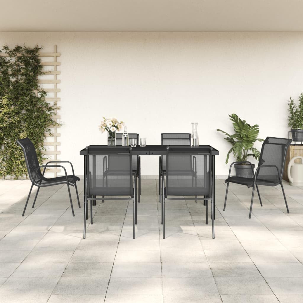 vidaXL Patio Dining Set 7 Piece - Black Steel Table and Textilene Chairs - Outdoor Garden/Patio Furniture - Rectangular Tempered Glass Table - Anthracite/Black Seating - Ergonomic Comfort