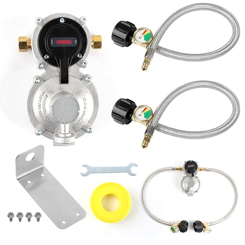 Rv Propane Regulator 2 Tank-2-Stage Auto Changeover Lp Propane Regulator For Rv Includes Gauge And 2X 18 Pigtail Propane Hoses,I