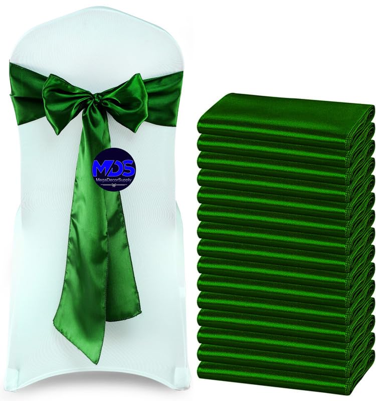 Mds Pack Of 300 Pcs Satin Chair Sashes Charmeuse Sateen Dining Chair Bows Ribbon Ties Back Sash For Wedding Party Birthday Home Hotel Restaurant Banquet Decoration (7 X 108 Inch, Green)