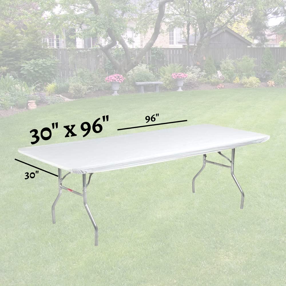 Kwik-Covers Rectangular Plastic Table 8' Covers Bundle Of 5 With Seventy (70) Ohm Commerce Paper Napkins - Indoor Or Outdoor Fitted Table Covers (Table Not Included) (30' X 96' White)
