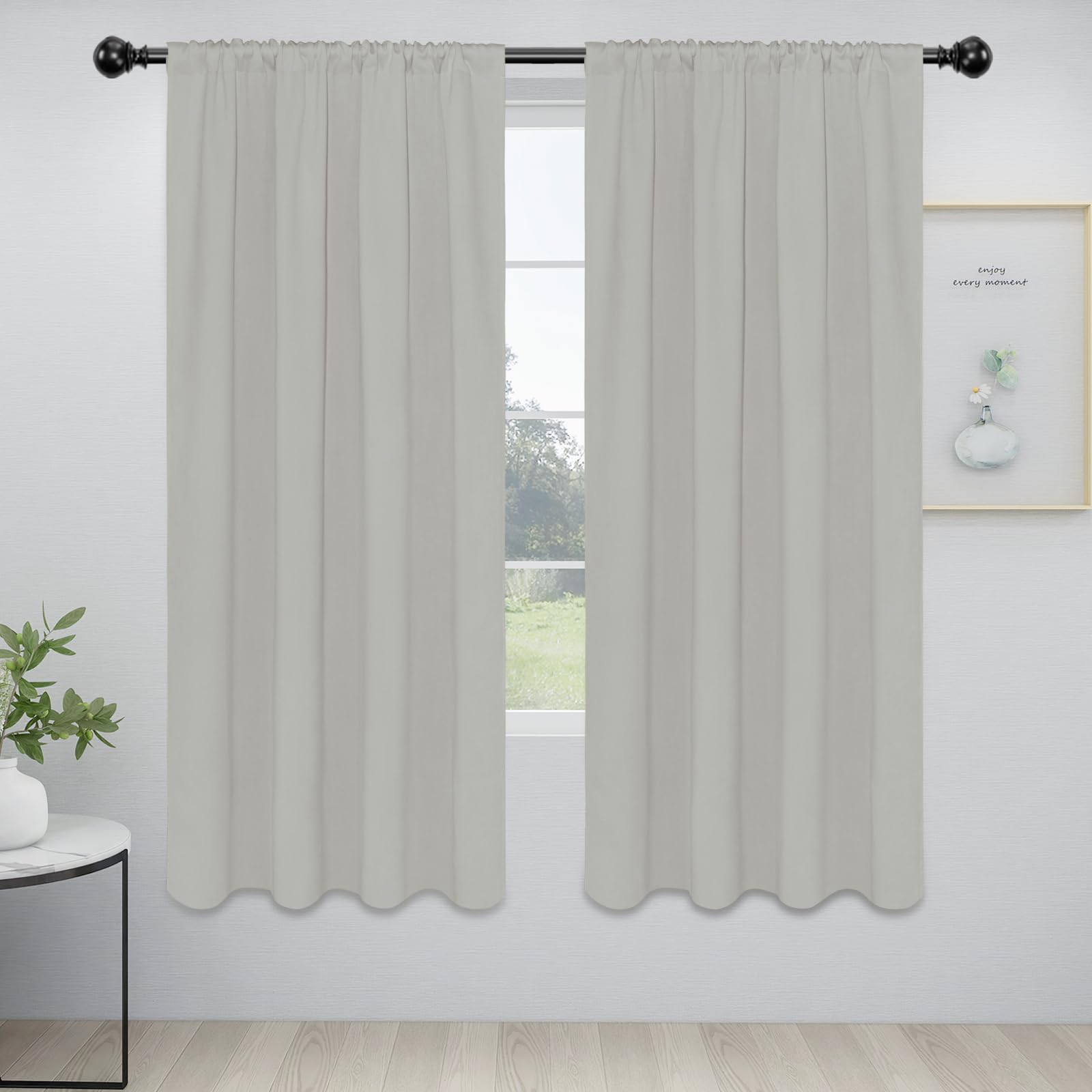 Easy-Going Rod Pocket Blackout Curtains For Bedroom, Room Darkening Window Curtains For Living Room, Thermal Insulated Noise Reduction Solid Window Drapes, 2 Panels(42X72 In, Greyish White)