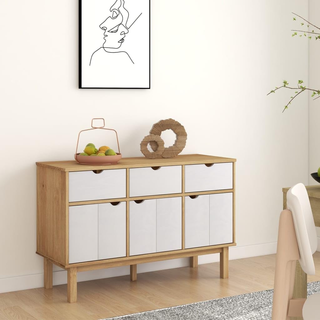 vidaXL Scandinavian Style Solid Pinewood OTTA Sideboard in Brown and White, Ample Storage Space with 3 Drawers and 3 Door Compartments, 44.9&quot;x16.9&quot;x28.9&quot;